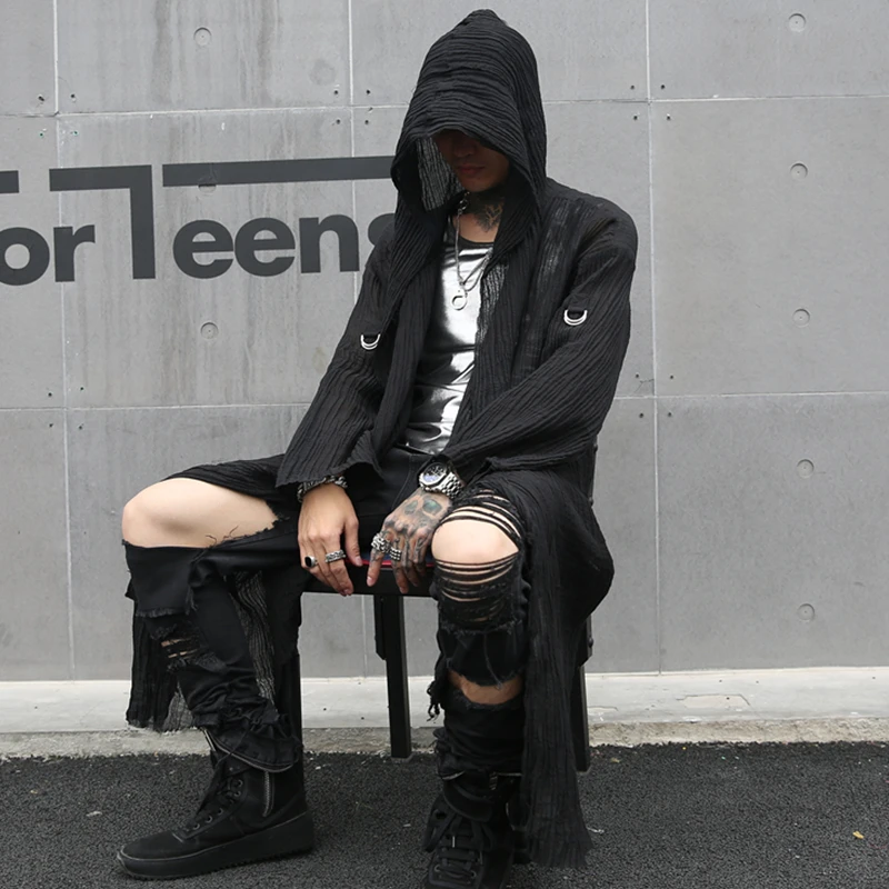 Мужская длинная рубашка с капюшоном в стиле Харадзюку свободная однотонная