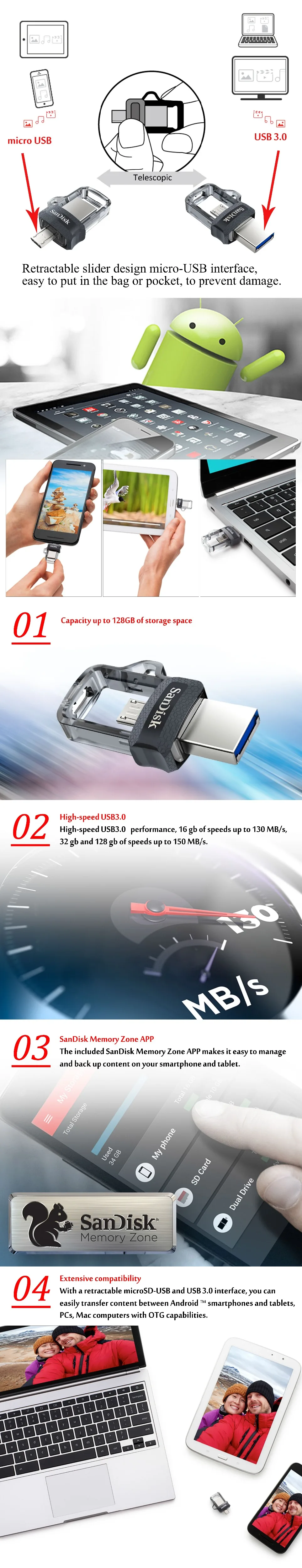 sandisk sdd3 экстремально высокая скорость 150 м/с Флешка 32 Гб OTG USB3.0 128 Гб двойной OTG USB флэш-накопитель 64 ГБ