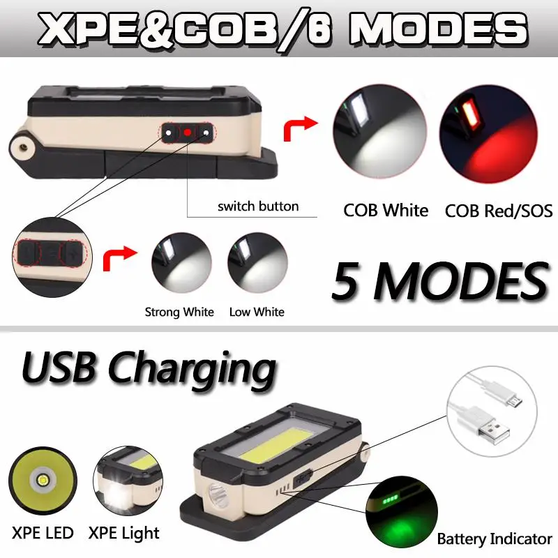 Рабочая лампа Портативный светодиодный фонарик USB Перезаряжаемые 6 режимный
