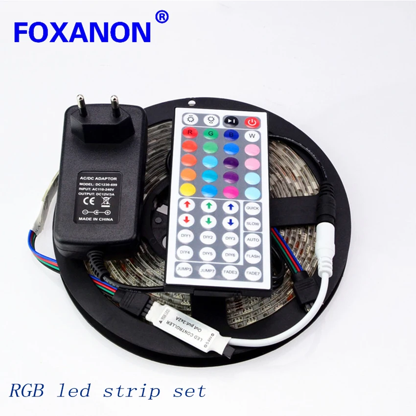 

Foxaon Brand 5050 LED Strip DC12V 5M 300Led RGB 60LED/M Lamps flexible light + 44key IR Remoter + 3A Power night string Lighting