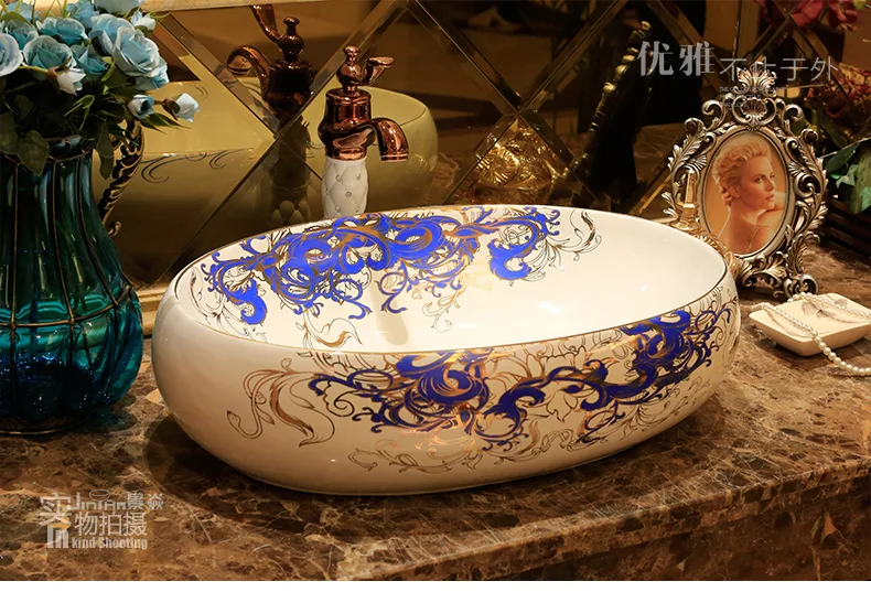 Procelain ручной работы Artistc керамический Lavabo Ванная комната сосуд раковины Овальный Синий Керамический Умывальник Ванная раковина