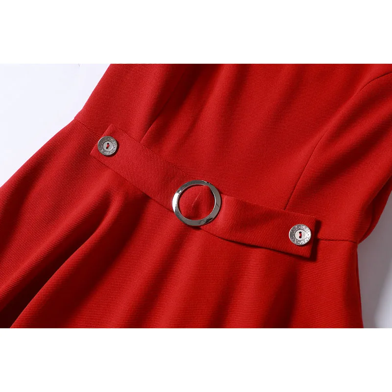 Женское офисное платье качели красное однотонное с круглым вырезом Осеннее