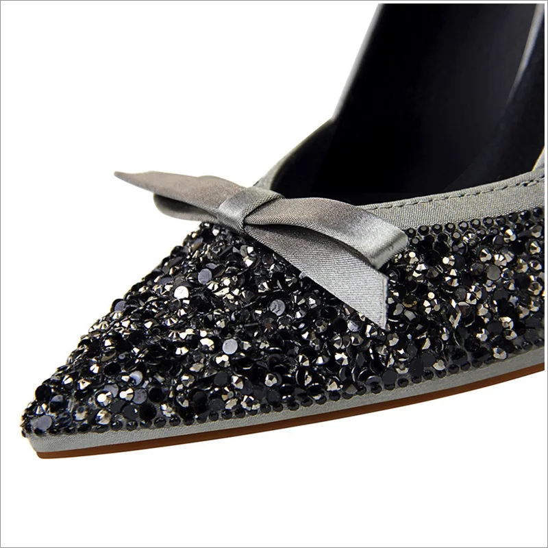 New Pointe Fashion Bling Metal Heel Women Pumps Silk Shallow Korean Women's Sweet Small Bowknot High Heels Shoes 10CM Woman | Обувь
