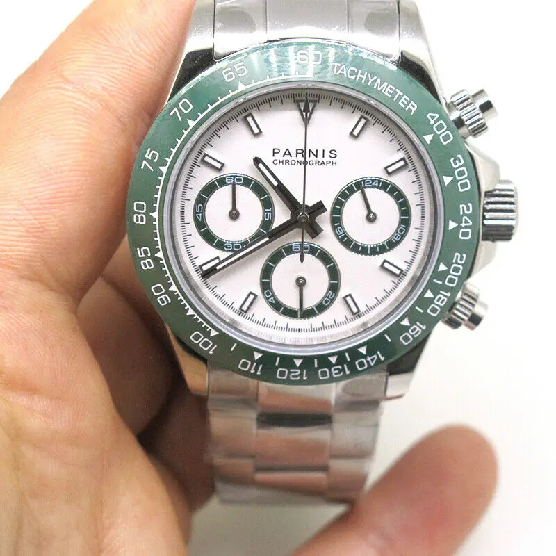 39mm Parnis Sapphire Glass Quartz Movement Men's Chronograph Watch Green Marker | Наручные часы