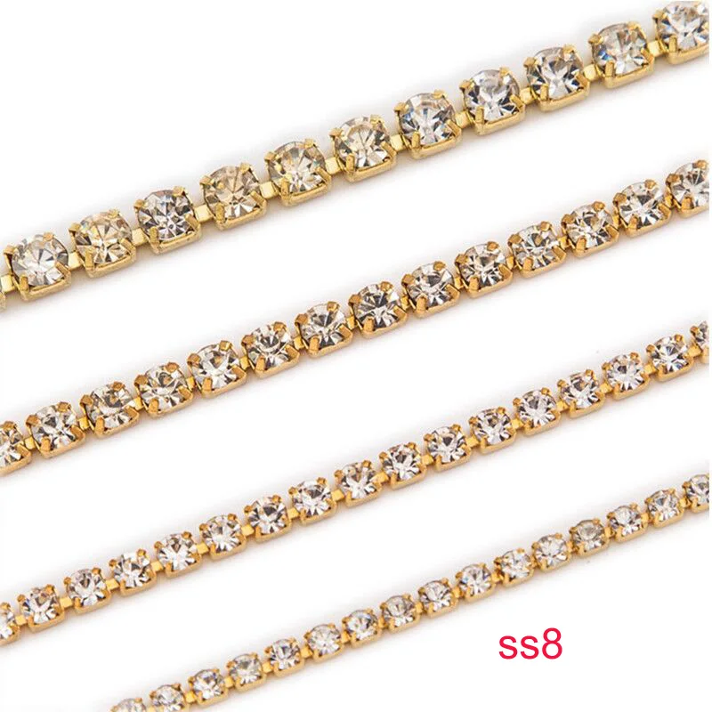 ss8 gold URORU Crystal AB Rhinestone Chain DIY Sew On Gold Base Density Trim Metal Cup Chains Accessories ss6 10yards/lot AM TAIDIAN - Цвет: ss8 gold