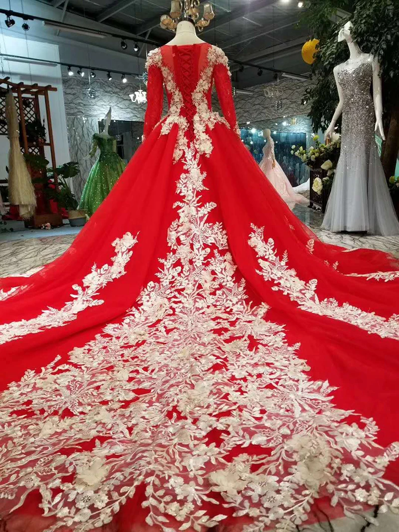 Фото Красное вечернее платье LSS151 для свадьбы кружевное с круглым вырезом и длинными Красное вечернее платье LSS151 для свадьбы кружевное с круглым вырезом и длинными