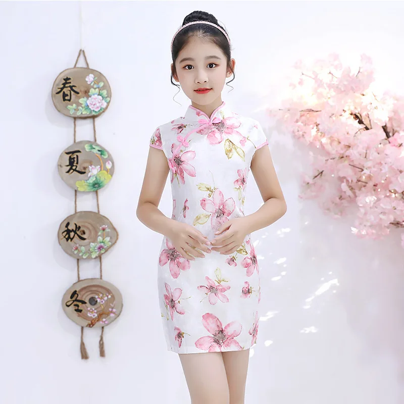 Китайское традиционное платье дети короткие Cheongsam Китай обувь для девочек винтажное платье нации ветер ребенок тонкий Qi Pao платья принцесс - Цвет: Flower Children