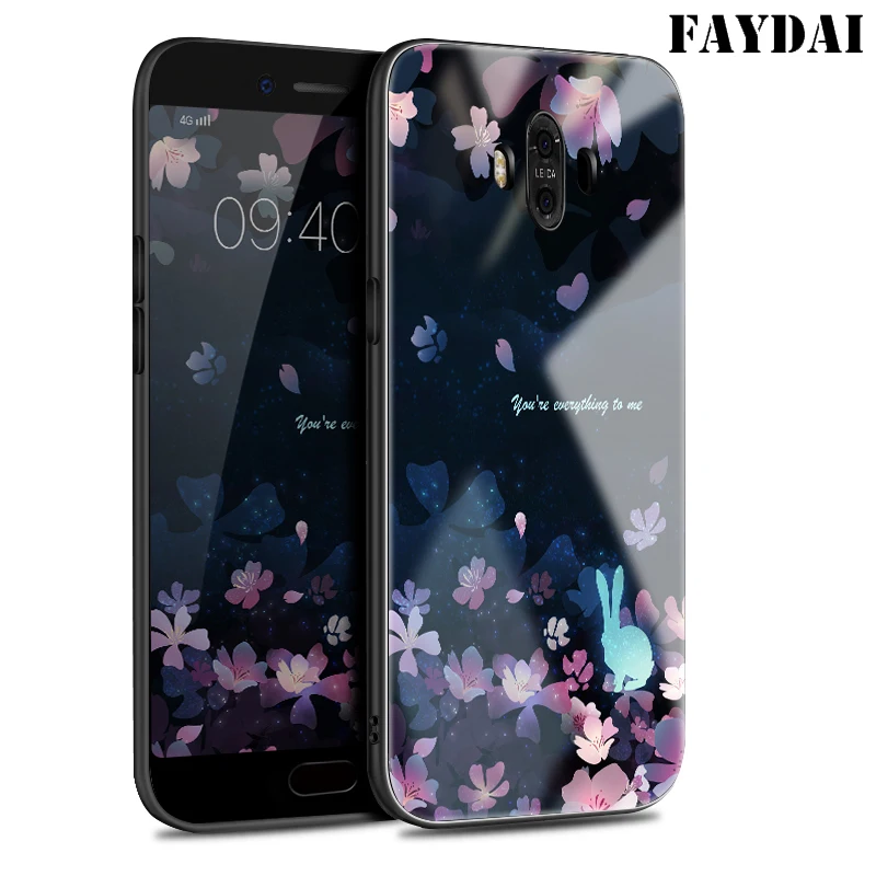 FAYDAI For Huawei Mate 10 Tempered Glass Case TPU Silicone Sakura Pattern Phone Cases Cover Pro Coque |