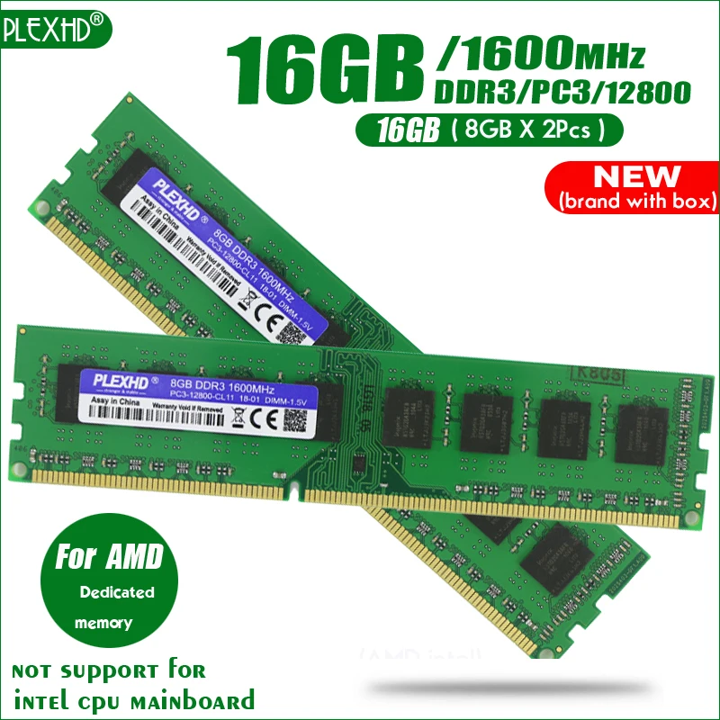 PLEXHD 16 Гб(2 шт x8гб) 16 ГБ DDR3 PC3-12800 1600 МГц PC3 12800 для настольных ПК DIMM память ram 240 контакты для системы AMD Совместимость