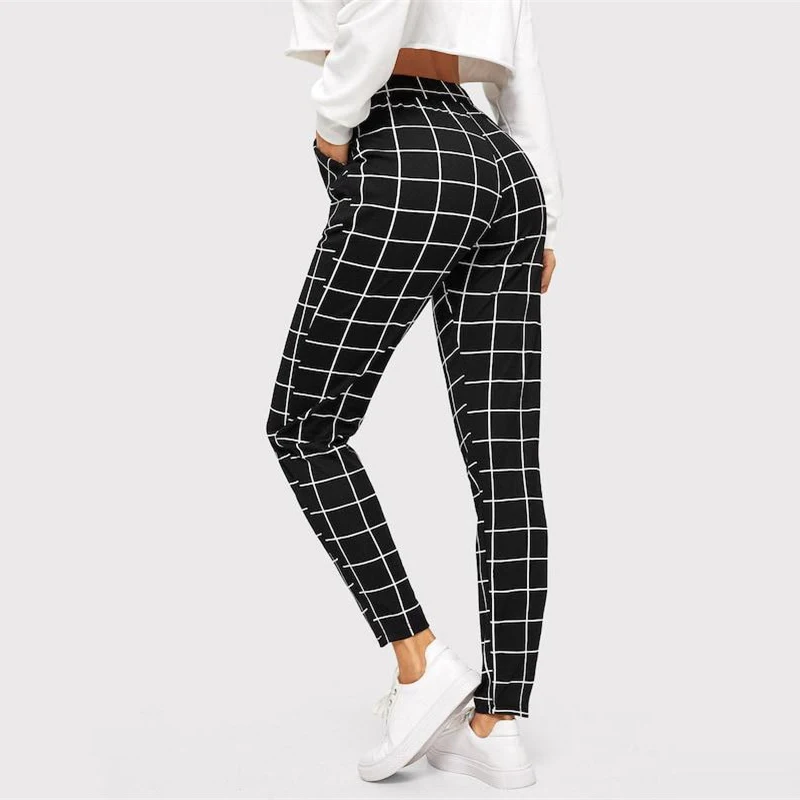 SHEIN Клетчатые Брюки С Эластичной Талией Узкие Женские Осенние Брюки С Средней Талией