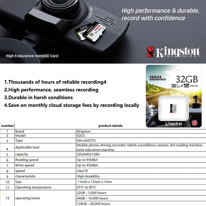 Kingston высокопрочная MicroSD карта класс 10 64 ГБ 32 ГБ 128 ГБ Memorias Micro SD SDXC флэш-карта памяти эксклюзивный для домашнего монитора