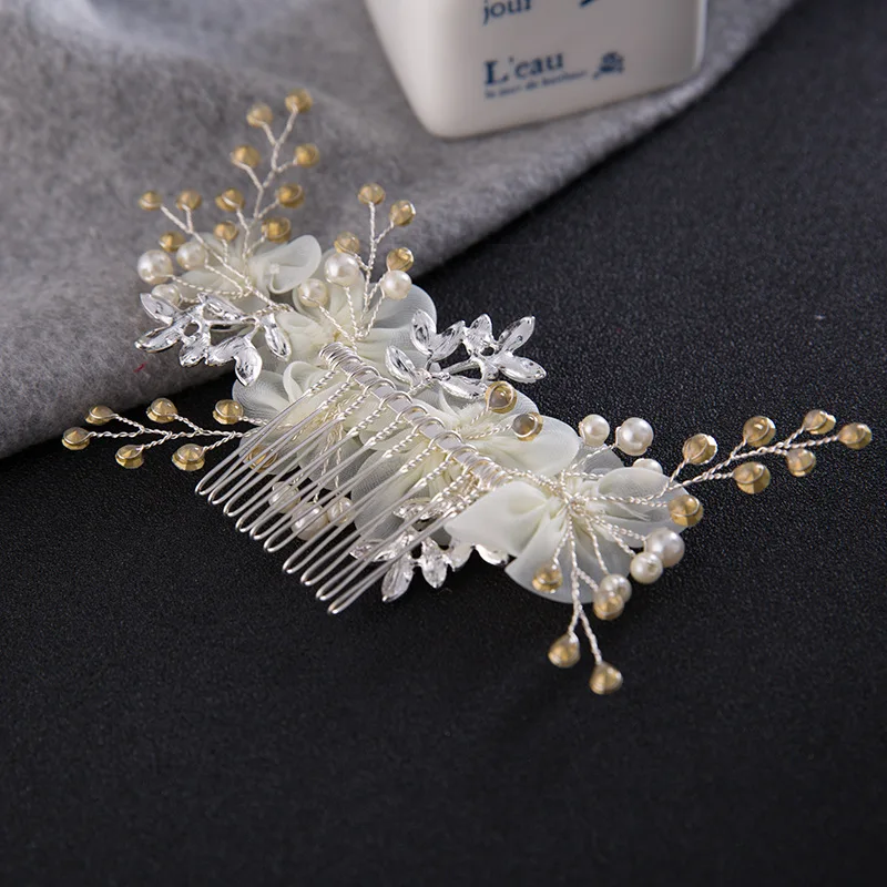 

Women Wedding Bridal White Yarn Flower Rhinestone Crystal Pearl Hair Clip Comb Fashion Hair Accessories Bride Hair Combs