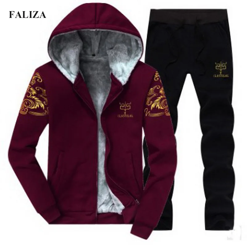 FALIZA, повседневный спортивный костюм для мужчин, зимняя флисовая Толстая брендовая Хлопковая мужская куртка с капюшоном+ штаны, теплая зимняя толстовка с мехом внутри, S108