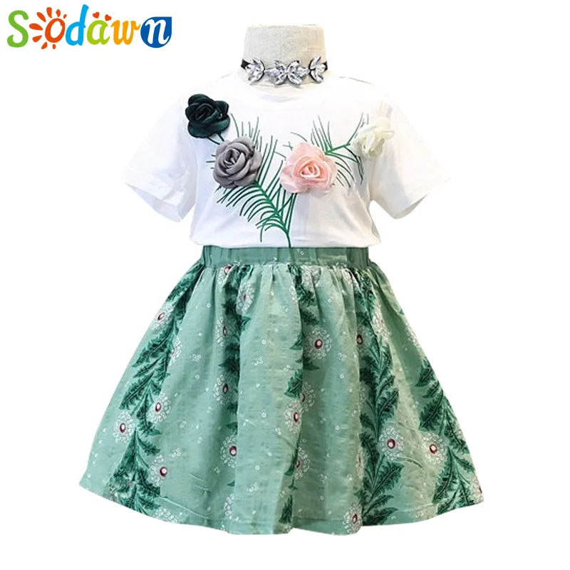 Sodawn/ г. Детский костюм Новая летняя Милая футболка с короткими рукавами и трехмерной розой+ платье Модный комплект одежды из 2 предметов для девочек
