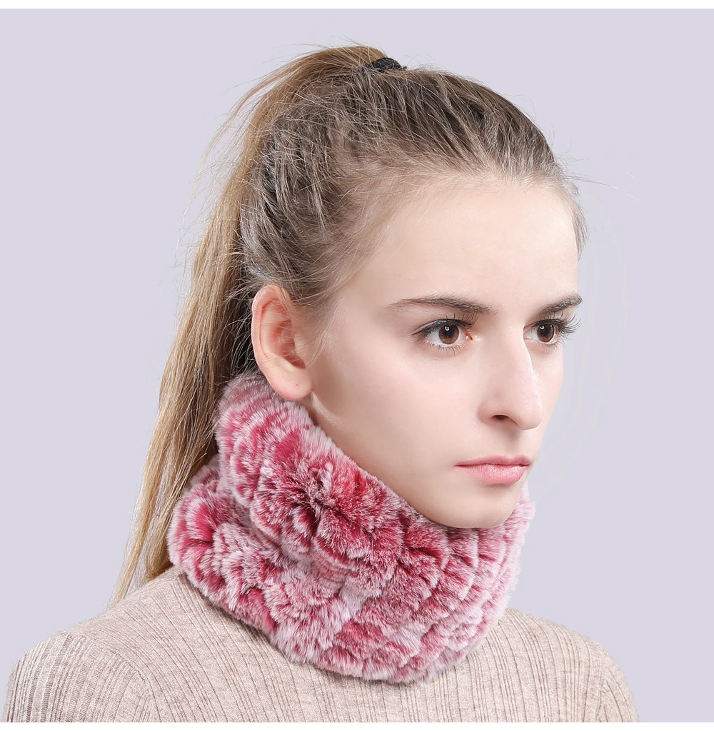 Women Real Fur Handmade Stretch Fur Scarf Knit Genuine Rex Rabbit Fur Headbands Girls Natural Fur Ring Cowl Snood Scarves Winter