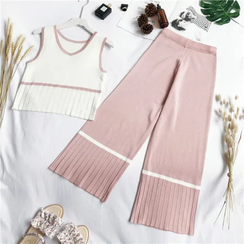2019 summer female korean fashion sleeve sling knitted top tank suit set + women wide leg pants mid calf length 2pcs se393 |