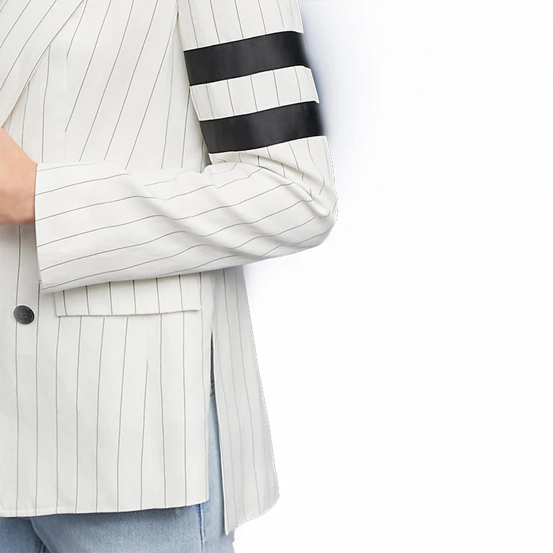 HYH HAOYIHUI Striped Double Breasted Notched High Low Coat Casual Long Sleeve Pocket Side Split Brief Gored Autumn Blazer | Женская