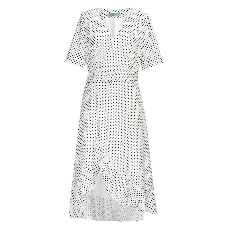 Ruffle Polkadot Print Summer Dress Vintage Irregular Wrap Women V Neck Short Sleeve ALine High Waist Elegant Dresses | Женская одежда