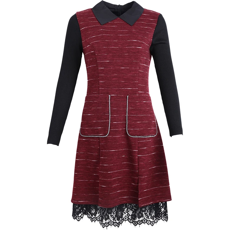 Women's Clothing 2018 New Autumn Fashion Pocket Knitting Lace Patchwork Dress Long Sleeves Peter Pan Collar Dresses Female | Женская