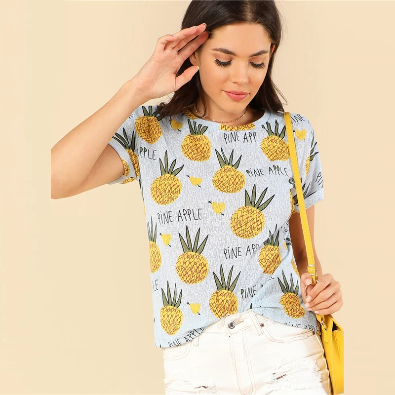 Dotfashion Футболка с принтом ананаса для женщин, топы для отдыха, модная одежда, летняя Женская милая Пляжная футболка с коротким рукавом