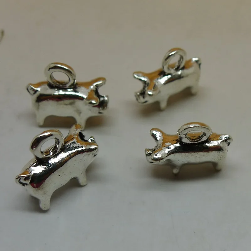 RONGQING 100pcs/lot Vintage Silver Pig Charms 10x9mm 3D Animal Pendant Handmade Jewelry Suppliers | Украшения и аксессуары