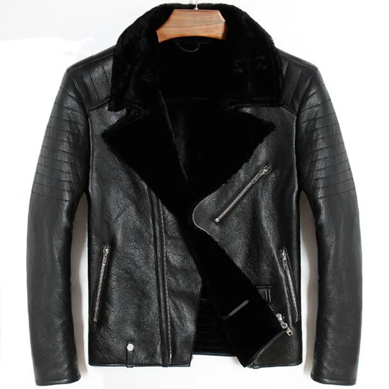 Mens Genuine Leather Bomber Pilot Jacket Sheepskin Winter Thick Warm Liner Cashmere Fur Collar Black Luxury Coats Plus Size 5XL | Мужская