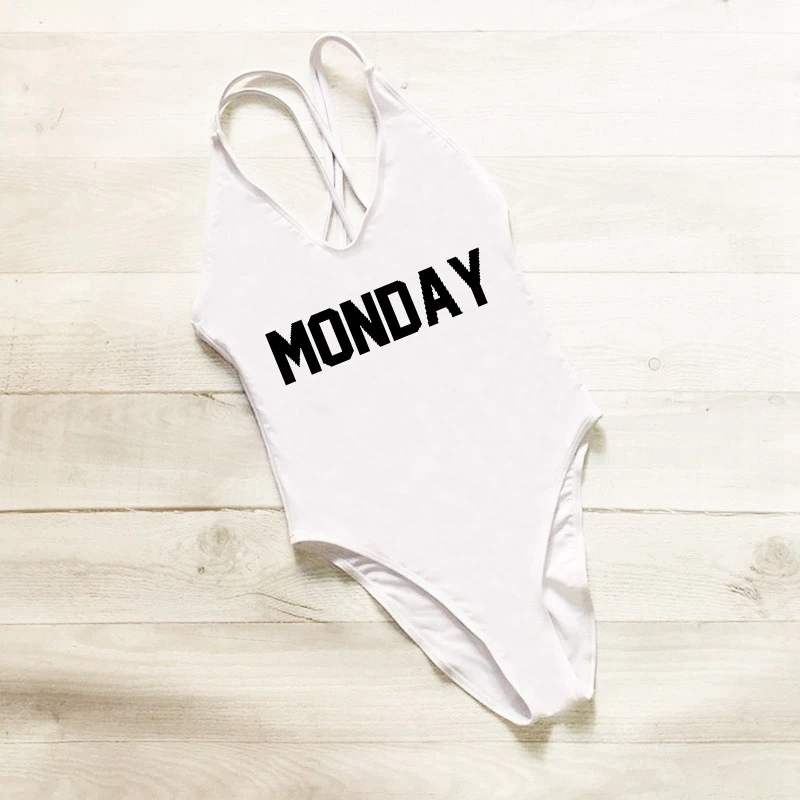 Цельный купальник с надписью Monday для женщин высоким вырезом и низкой спинкой