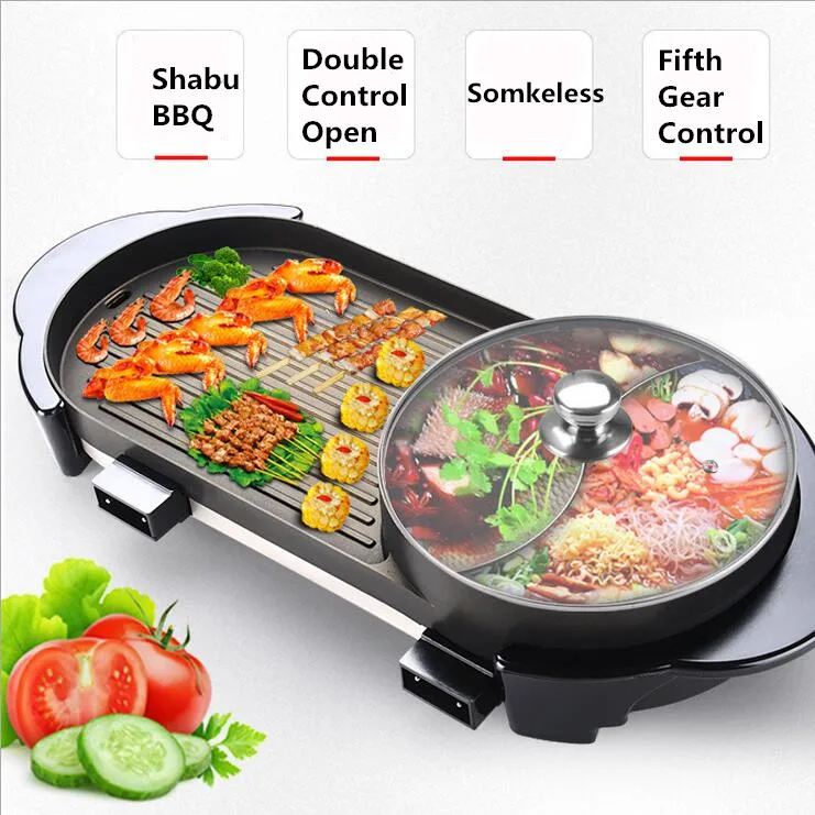 2 в 1 домашняя барбекю грили + двойной участок Shuba Hot Pot бездымное антипригарное
