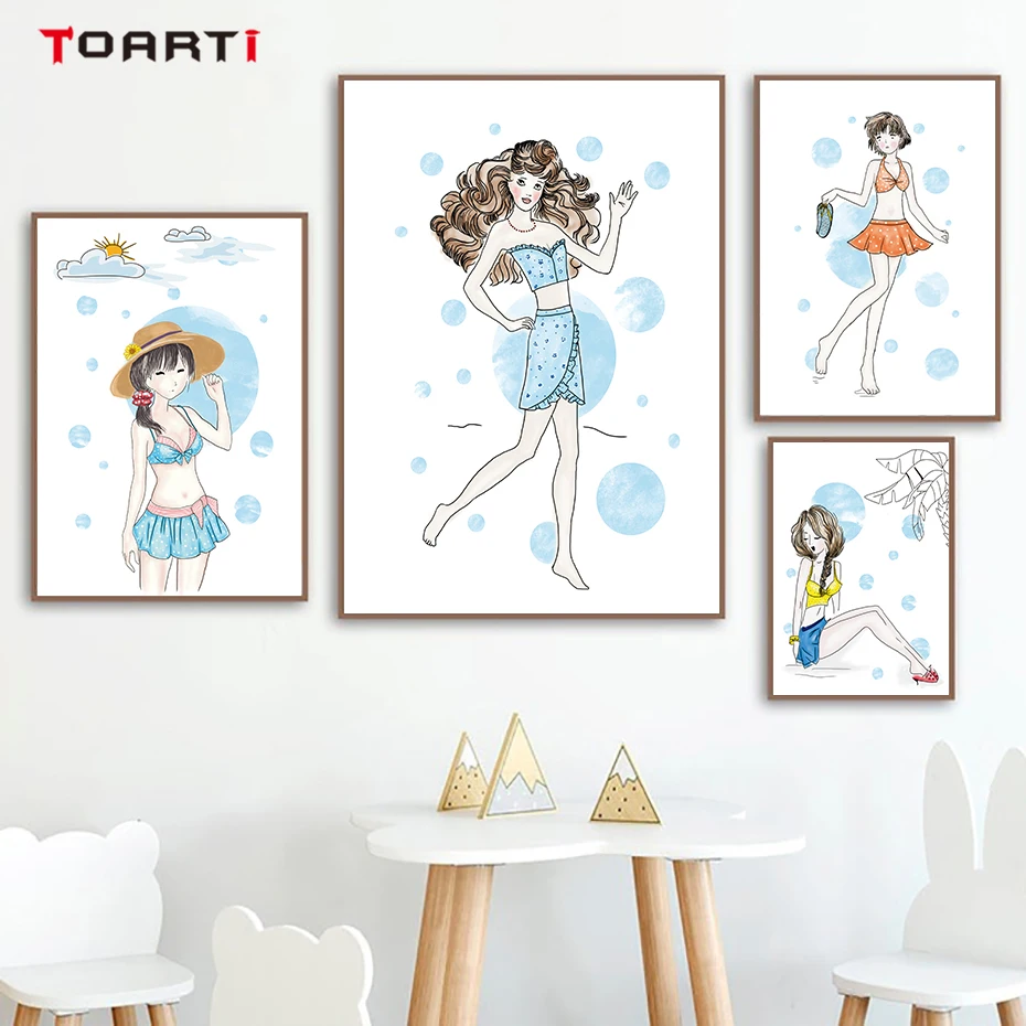 Sweet Girls Swimsuit Show Wall Art Colorful Cartoon Canvas Painting Modern Pictures Vintage Posters&ampPrints Room Home Decor | Дом и сад