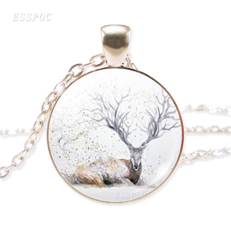 Handcrafted Elk Necklace Time Lovely Sika Deer Chain Pendant Glass Dome Cabochon Fashion Jewelry Gift for Girl | Украшения и