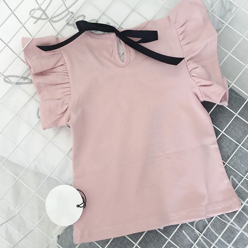 Toddler Girl Summer Causal T Shirt Ruffle T-shirt For Girls Lovely Baby Pink/White/Gray/Striped Basic Tees Quality Tops