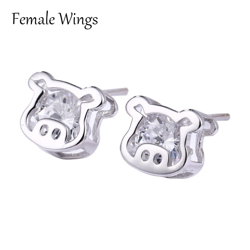 Female Wings Cute 925 Sterling Silver Zircon Stud Earrings for Women Little Pig Lovely Girl Party Jewelry Gift FE040 | Украшения и