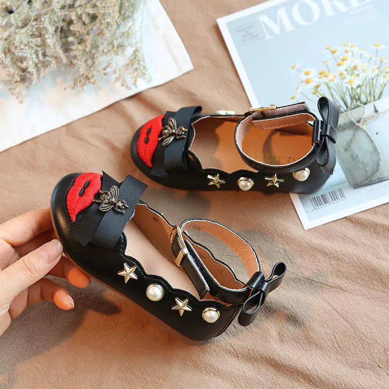 Spring Autumn girls shoes kids brand baby children princess pearl rivet lips embroidery tape bow 1 to 13 yrs |