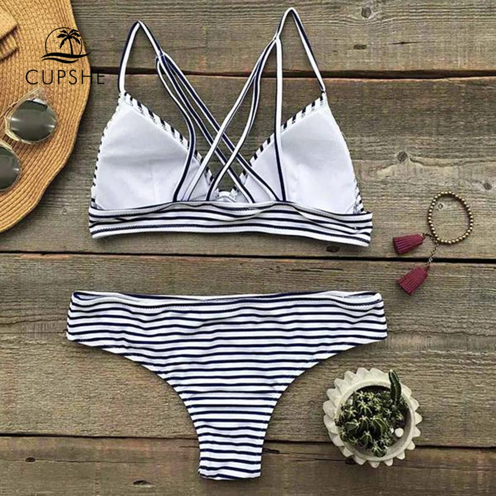 CUPSHE зеленый полосатый набор бикини с низкой талией женский сексуальный