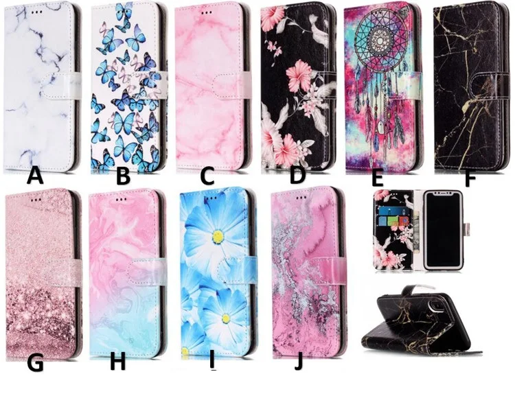 Кожаный чехол-бумажник с изображением мраморного камня цветов и бабочек чехол