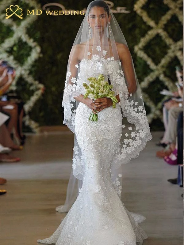 2018 Bridal Veil White/Ivory 5m Long Wedding Veil Mantilla Wedding Accessories Veu De Noiva With Lace Flowers beadwork MD3053
