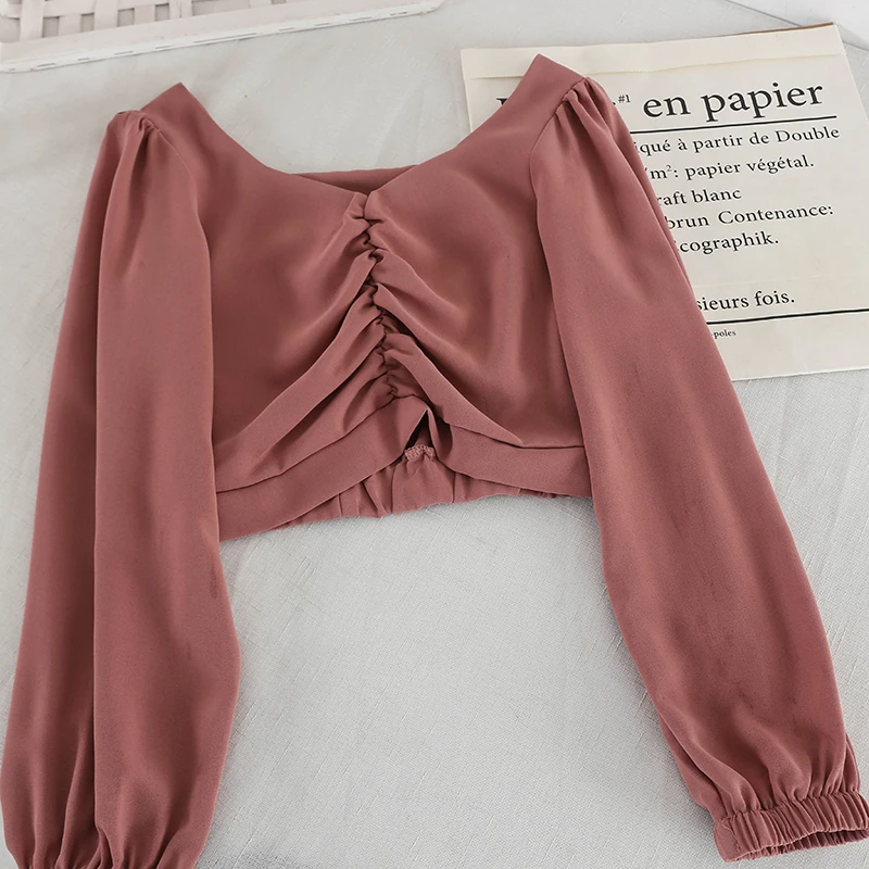 

2019 new fashion women's adult clothing wooden ear V-neck short pleated shirt puff sleeve pullover shirt