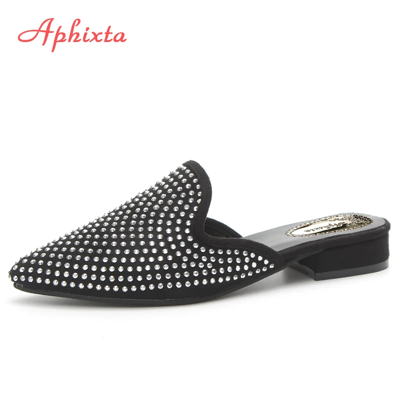 

Aphixta Women Slippers Crystal Sequined Cloth Women Sandals Pointed Toe Square Heel Bling Loafers Mules Summer Ladies Shoes