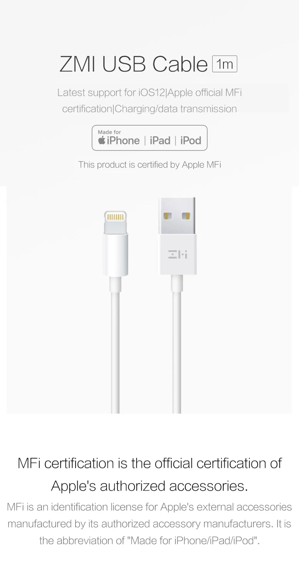 Xiaomi кабель для передачи данных 1 м белый для iphone Ipad ipod MFI Сертификация зарядный кабель для синхронизации данных для iphone X XS Max XR Быстрая зарядка