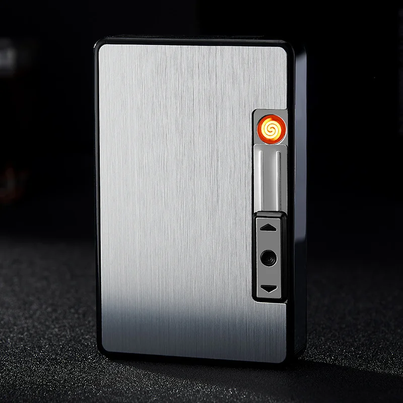 Silver Waterproof Metal Cigarette Case with Lighter USB Plasma Arc Lighter Automatic Tobacco Box Holder Windproof Turbo Coil Lighters - Цвет: Silver