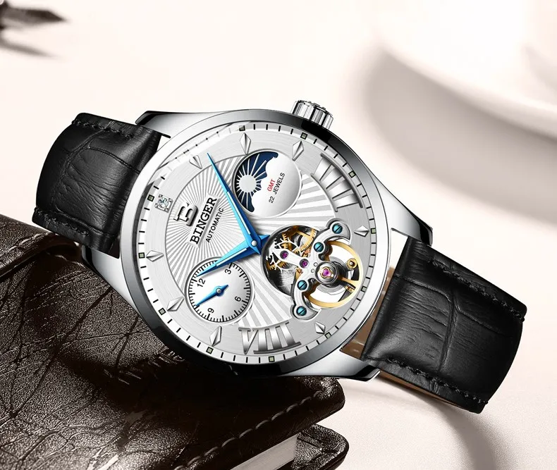 Tourbillon Бингер Мужские часы Роскошные деловые механические часы Мужские автоматические модные водонепроницаемые сапфировые спортивные часы с скелетом