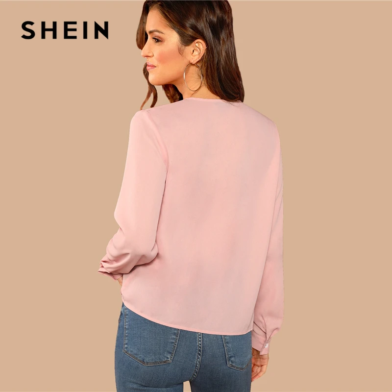 SHEIN Однотонная Блуза С Глубоким Вырезом, Демисезонная Блуза С Длинным Рукавом, Элегантная Блуза Оригинального Кроя