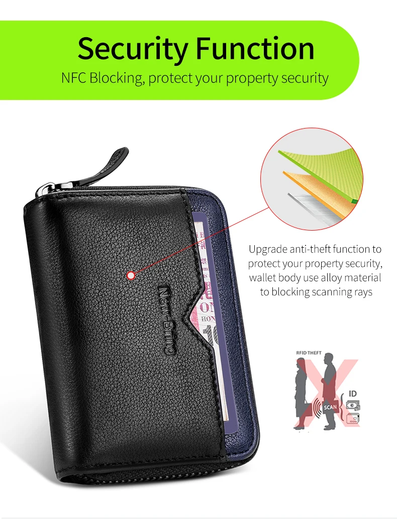 Кожаный футляр для карточек NewBring, с 30 12-битной блокировкой NFC, кошелек для мужчин и женщин на молнии, для банковских карточек, визиток и удостоверений