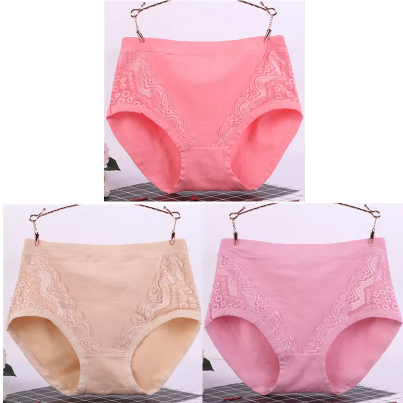 pink skin mei red 3 шт./лот, XL-6XL, большие размеры, высокая талия, женские трусики, одноцветные хлопковые трусы, нижнее белье, женские сексуальные кружевные бесшовные трусы 6634 - Цвет: pink skin mei red