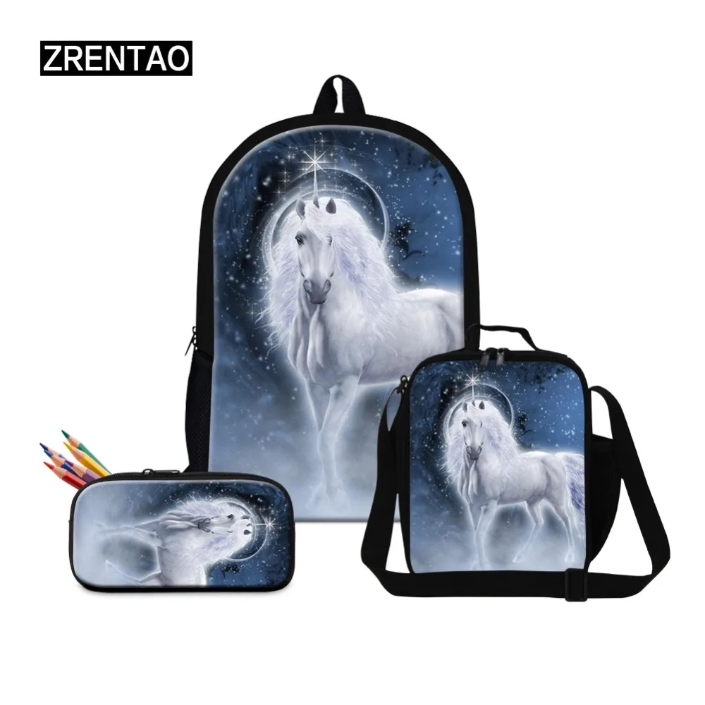 

ZRENTAO 3 PCS\set backpack with pencil pouch lunch coolers polyester double zipper mochilas unicorn print children school bags