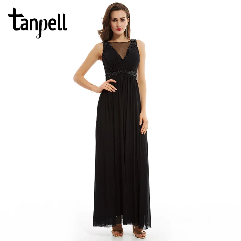 Длинное платье для выпускного Tanpell элегантное черное в пол без рукавов