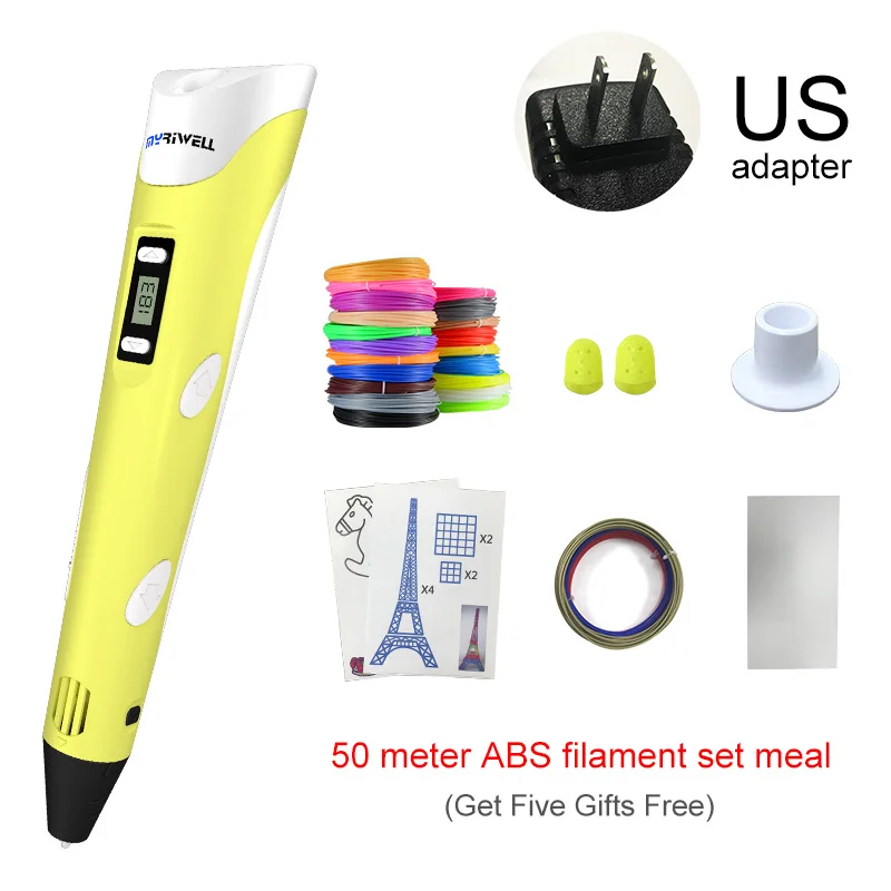 Yellow US Myriwell, 3D Ручка, 3D принтер, ручка для 3D печати, ручка для рисования, 50 метров, 10 цветов, ABS нить, магический производитель, искусство, для студенческого подарка - Цвет: Yellow US
