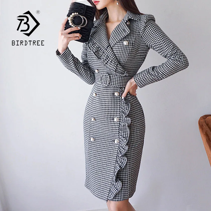 Black - White Plaid Новые женские облегающие платья-тренчи в клетку с зубцами, двубортное платье с оборками, облегающее платье-блейзер с поясом, элегантное офисное платье D86003F - Цвет: Black - White Plaid