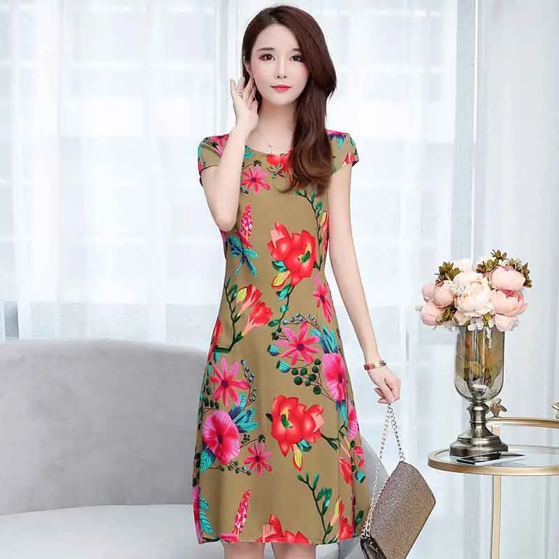 Color 32 Женское летнее Хлопковое платье с коротким рукавом и круглым вырезом, повседневное свободное платье с принтом размера плюс, Vestido Feminino - Цвет: Color 32