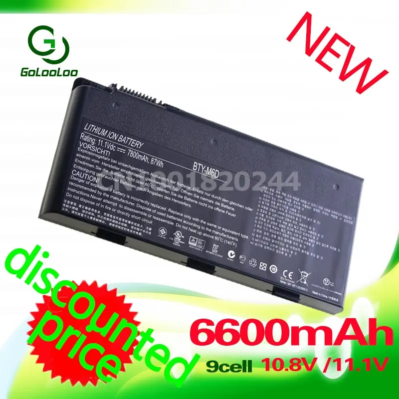 Аккумулятор Golooloo 6600 мАч для ноутбука MSI GT783 GT783R GX660 GX660D GX660DX GX660DXR GX660R GX680 GX680R GX780 GX780DX